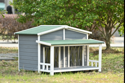 47.2 ' Large Wooden Dog House Outdoor;  Outdoor & Indoor Dog Crate;  Cabin Style;  With Porch;  2 Doors (Color: gray)